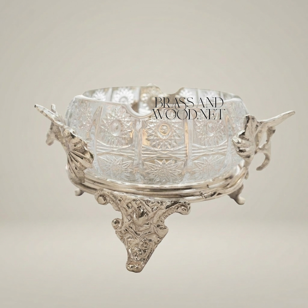 Rococo Cut-Crystal Ashtray with Ginkgo Leaf Brass Stand — Silver