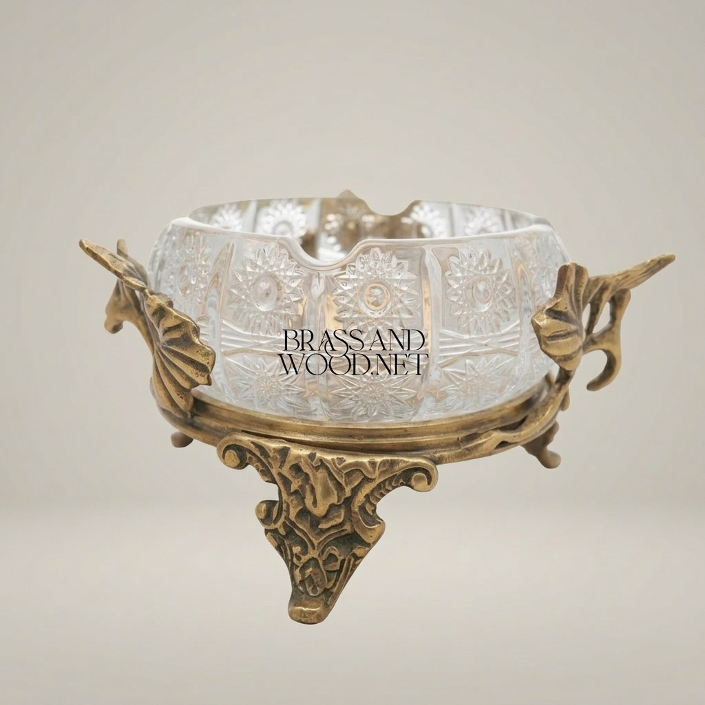 Rococo Cut-Crystal Ashtray with Ginkgo Leaf Brass Stand — Antique Gold