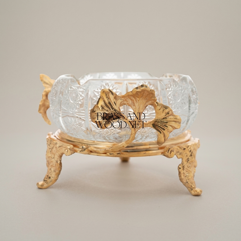 Rococo Cut-Crystal Ashtray with Ginkgo Leaf Brass Stand