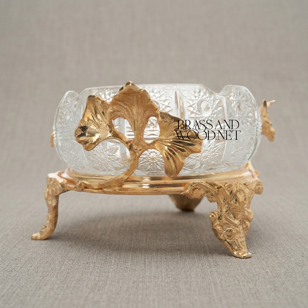 Rococo Cut-Crystal Ashtray with Ginkgo Leaf Brass Stand