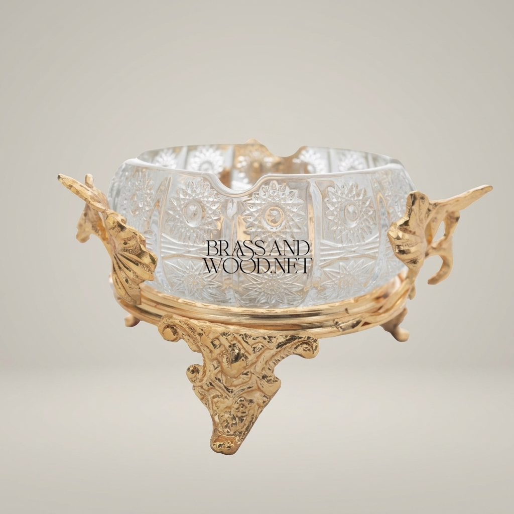 Rococo Cut-Crystal Ashtray with Ginkgo Leaf Brass Stand