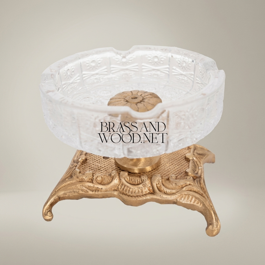 Rococo Cut Crystal Ashtray with Ornate Scrollwork Brass Stand — Antique Gold