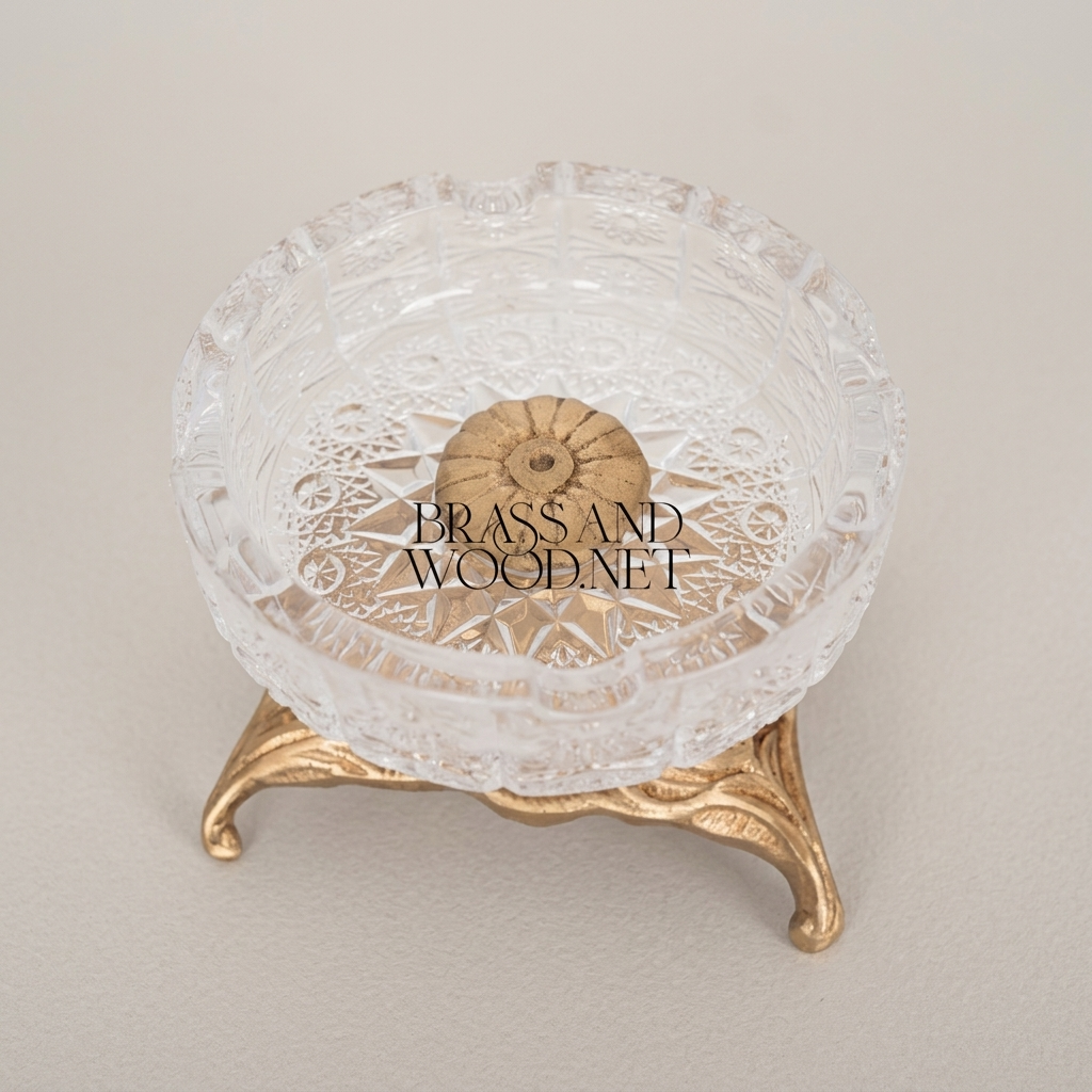 Rococo Cut Crystal Ashtray with Ornate Scrollwork Brass Stand — Antique Gold