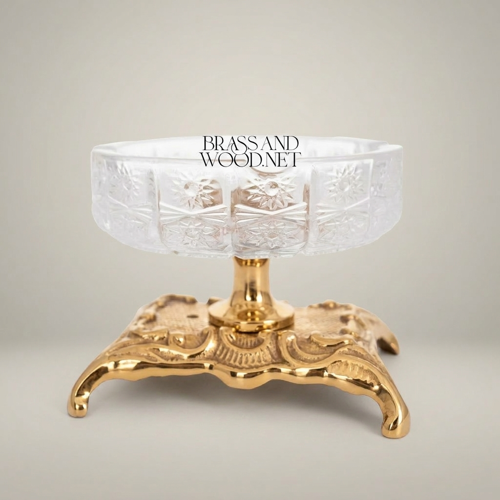 Rococo Cut Crystal Ashtray with Ornate Scrollwork Brass Stand