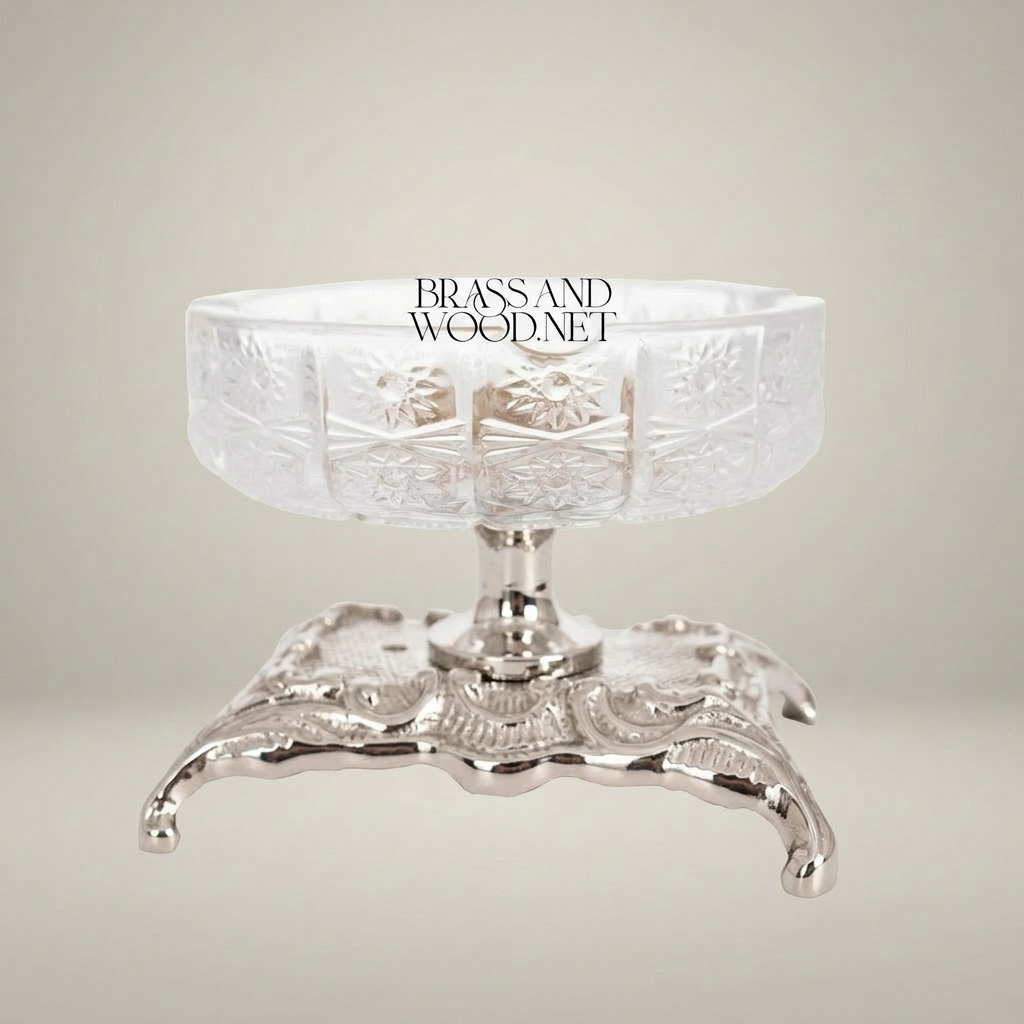 Rococo Cut Crystal Ashtray with Ornate Scrollwork Brass Stand — Silver
