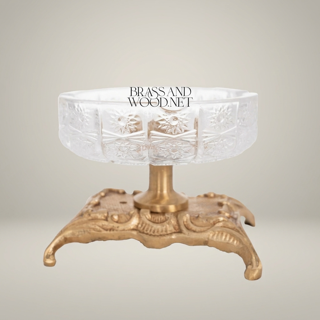 Rococo Cut Crystal Ashtray with Ornate Scrollwork Brass Stand — Antique Gold