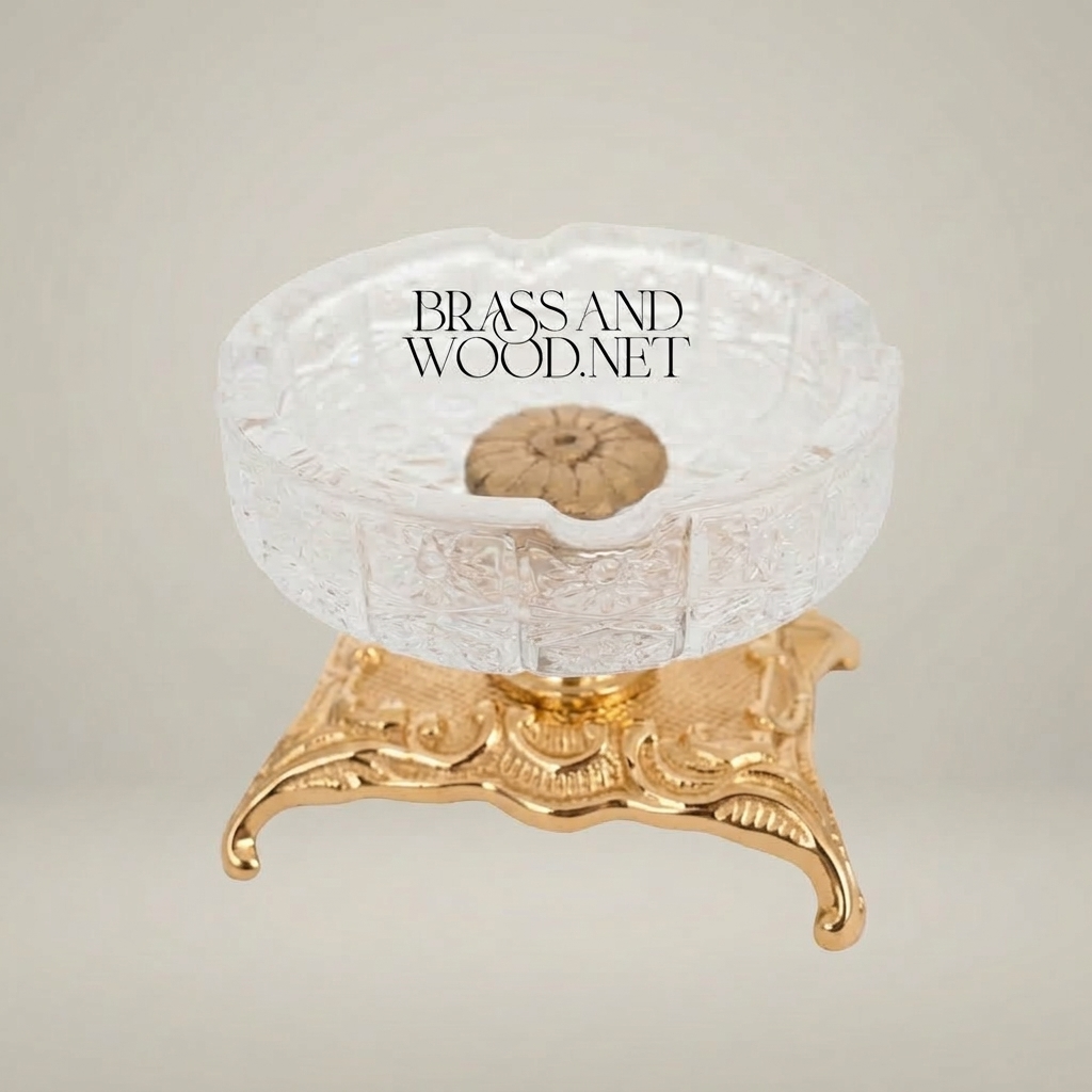 Rococo Cut Crystal Ashtray with Ornate Scrollwork Brass Stand — Gold