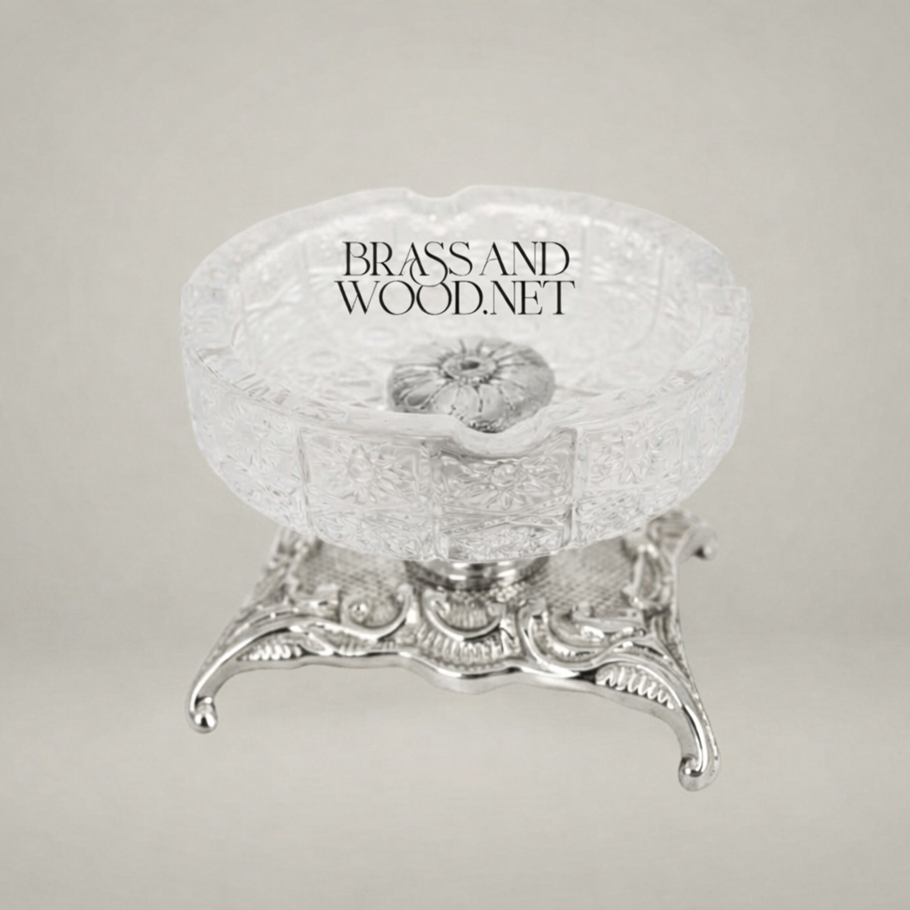 Rococo Cut Crystal Ashtray with Ornate Scrollwork Brass Stand — Silver