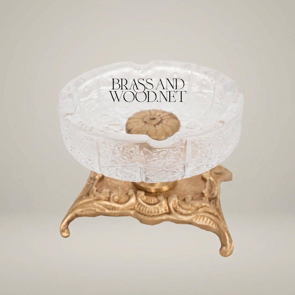 Rococo Cut Crystal Ashtray with Ornate Scrollwork Brass Stand — Antique Gold