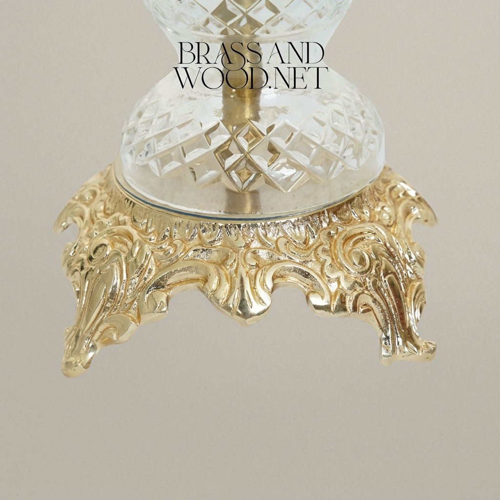 Rococo Cut-Crystal Candelabra with Ornate Brass Base & Acanthus Handles — Gold