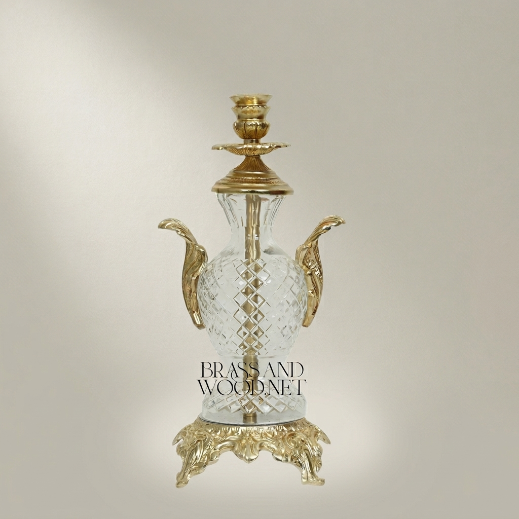 Rococo Cut-Crystal Candelabra with Ornate Brass Base & Acanthus Handles — Gold