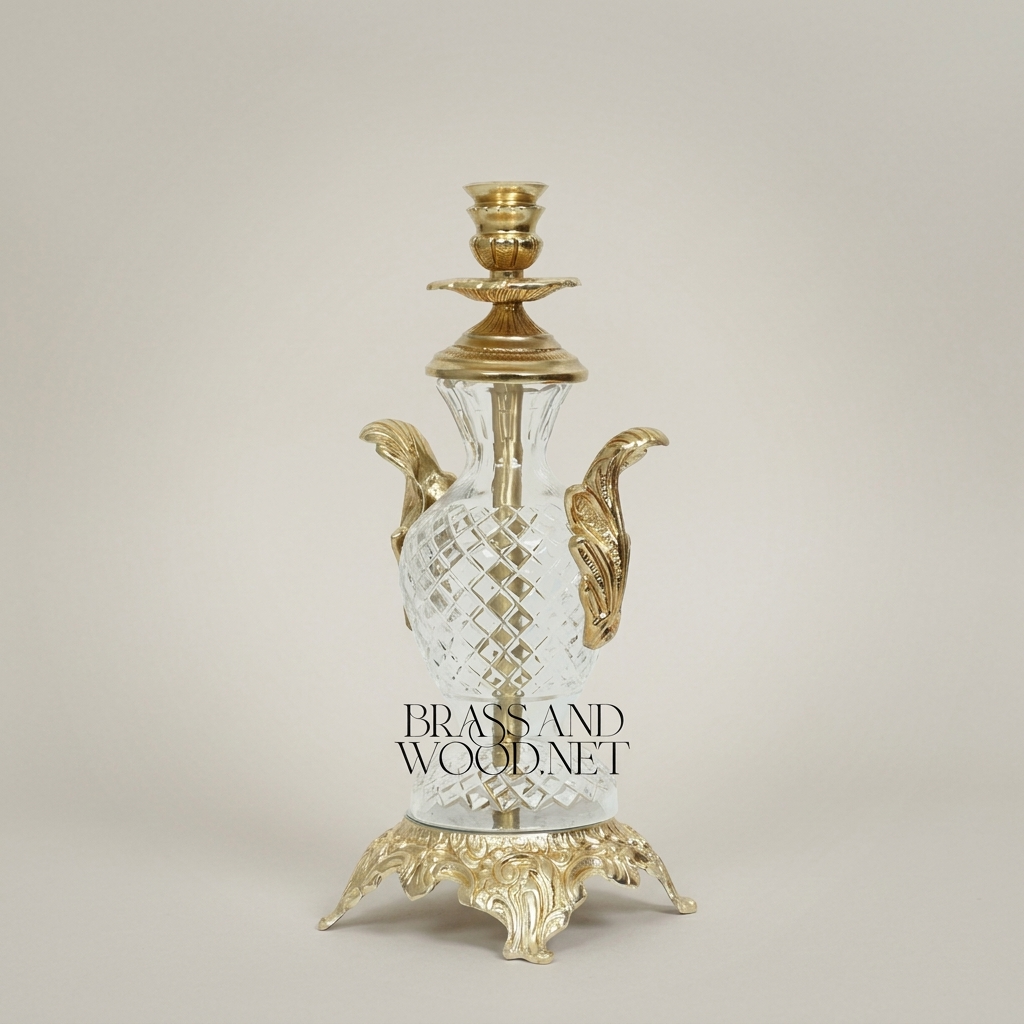 Rococo Cut-Crystal Candelabra with Ornate Brass Base & Acanthus Handles — Gold