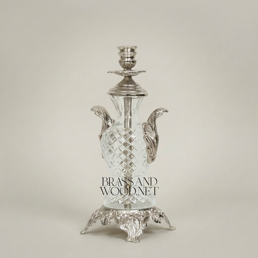 Rococo Cut-Crystal Candelabra with Ornate Brass Base & Acanthus Handles — Silver