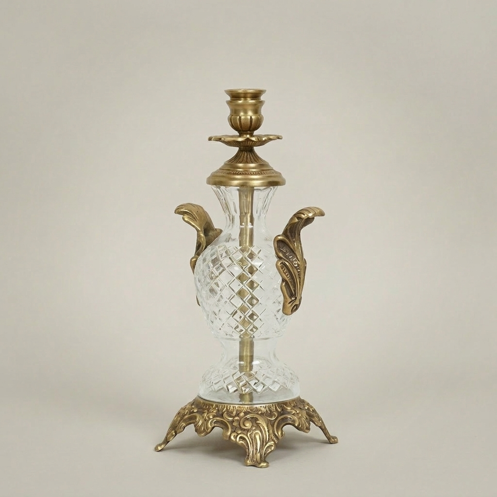 Rococo Cut-Crystal Candelabra with Ornate Brass Base & Acanthus Handles — Antique Gold