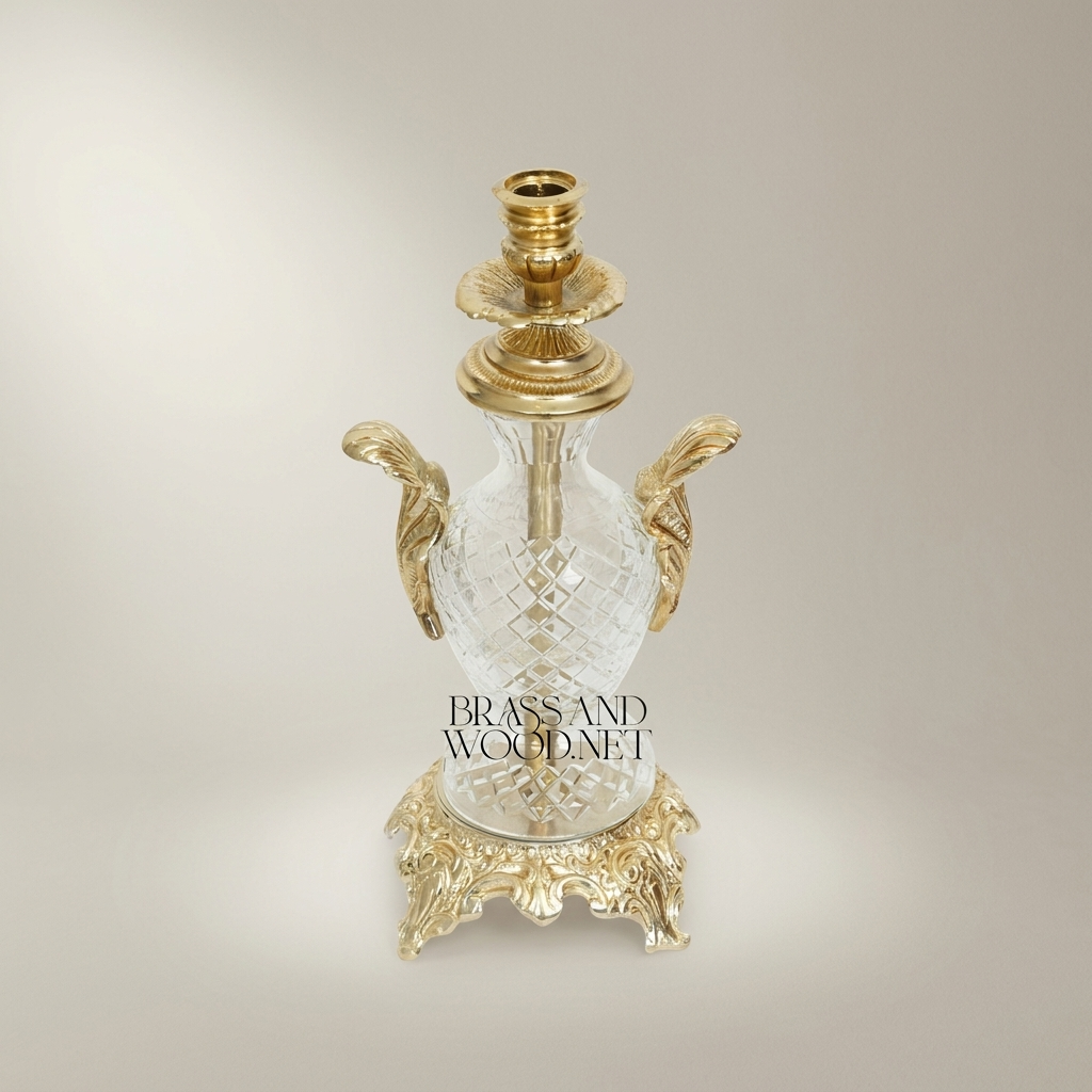 Rococo Cut-Crystal Candelabra with Ornate Brass Base & Acanthus Handles — Gold
