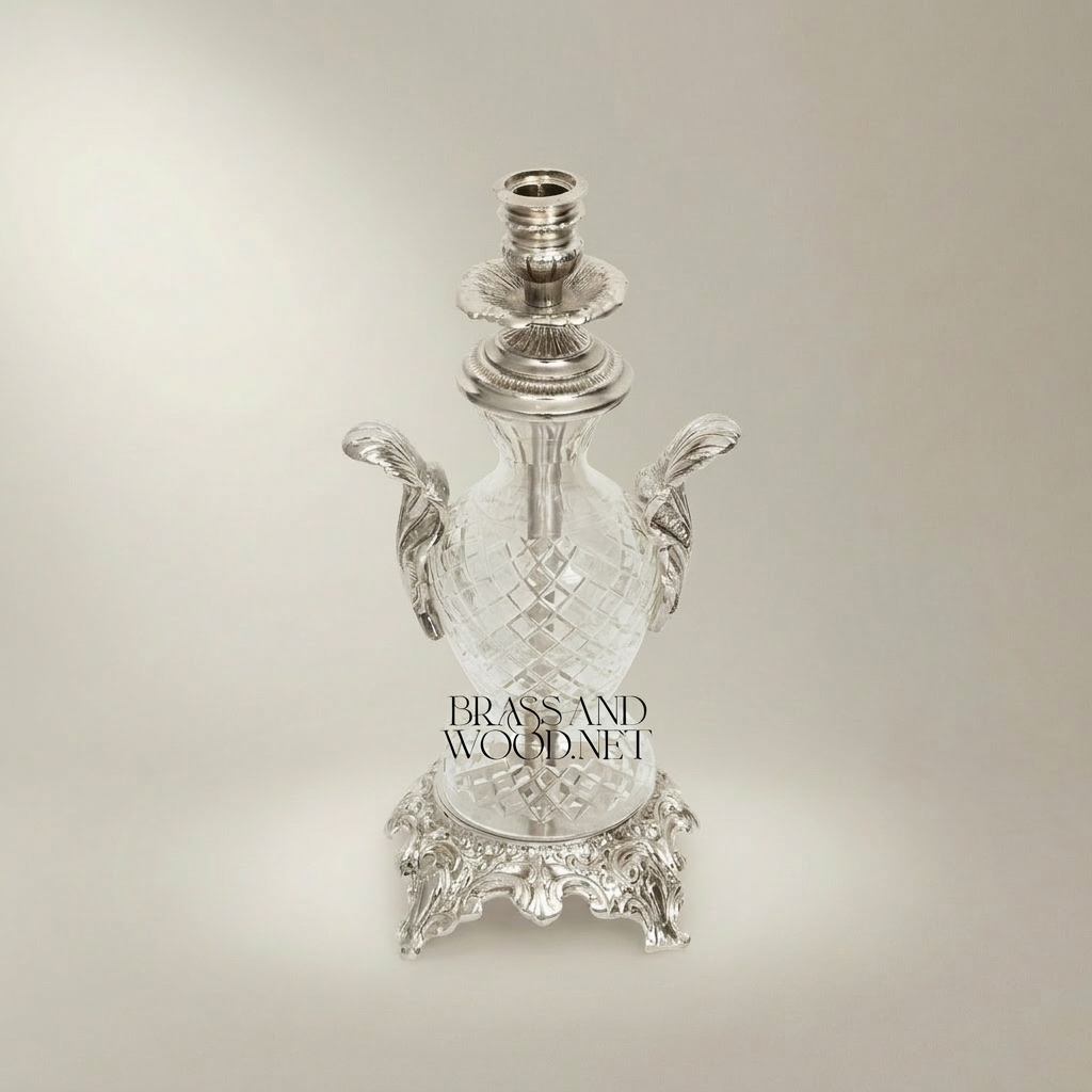 Rococo Cut-Crystal Candelabra with Ornate Brass Base & Acanthus Handles — Silver