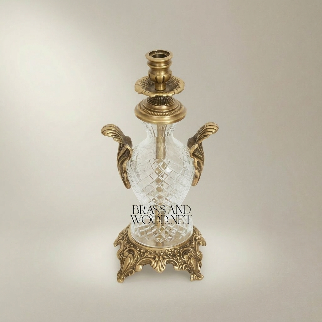 Rococo Cut-Crystal Candelabra with Ornate Brass Base & Acanthus Handles — Antique Gold
