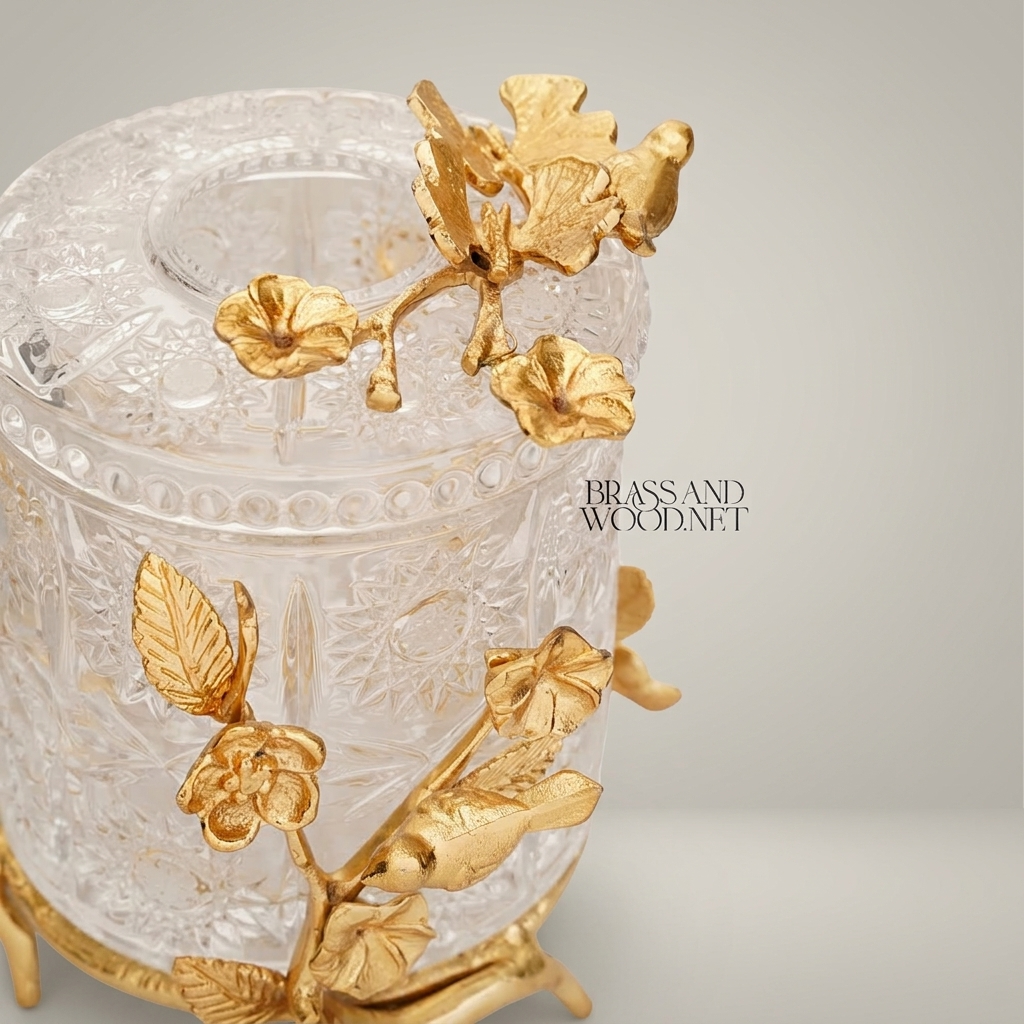 Rococo Cut-Crystal Tissue Box with Brass Floral Branch & Bird Sculpture