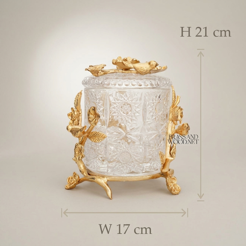Rococo Cut-Crystal Tissue Box with Brass Floral Branch & Bird Sculpture