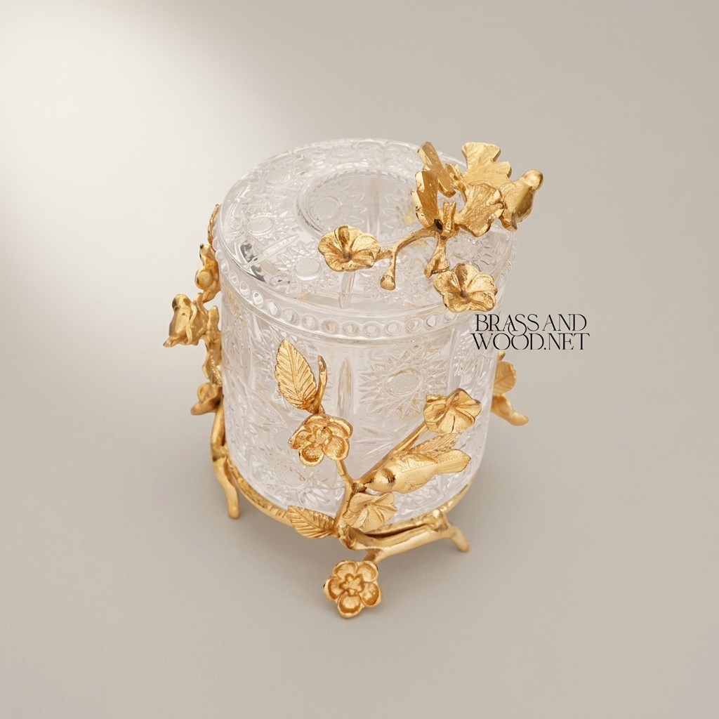 Rococo Cut-Crystal Tissue Box with Brass Floral Branch & Bird Sculpture — Gold