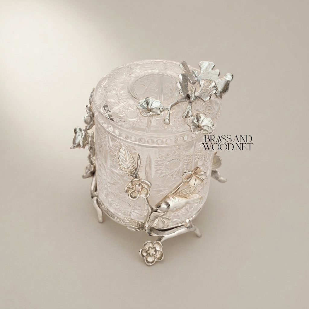 Rococo Cut-Crystal Tissue Box with Brass Floral Branch & Bird Sculpture — Silver