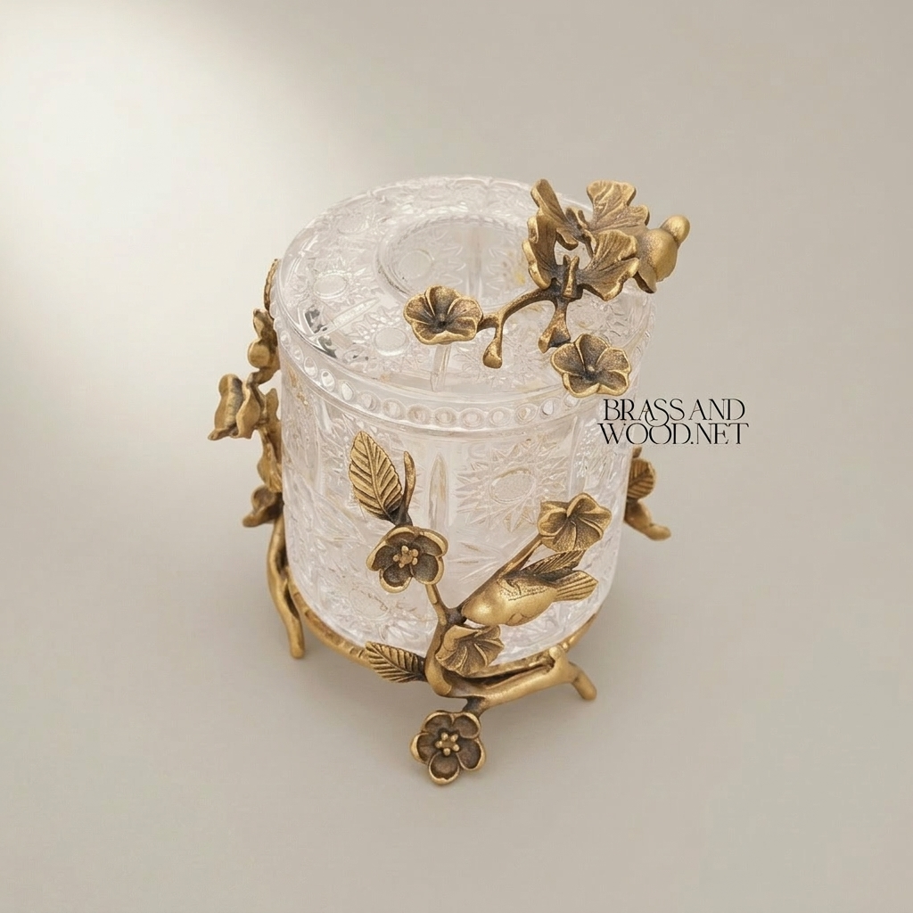Rococo Cut-Crystal Tissue Box with Brass Floral Branch & Bird Sculpture — Antique Gold
