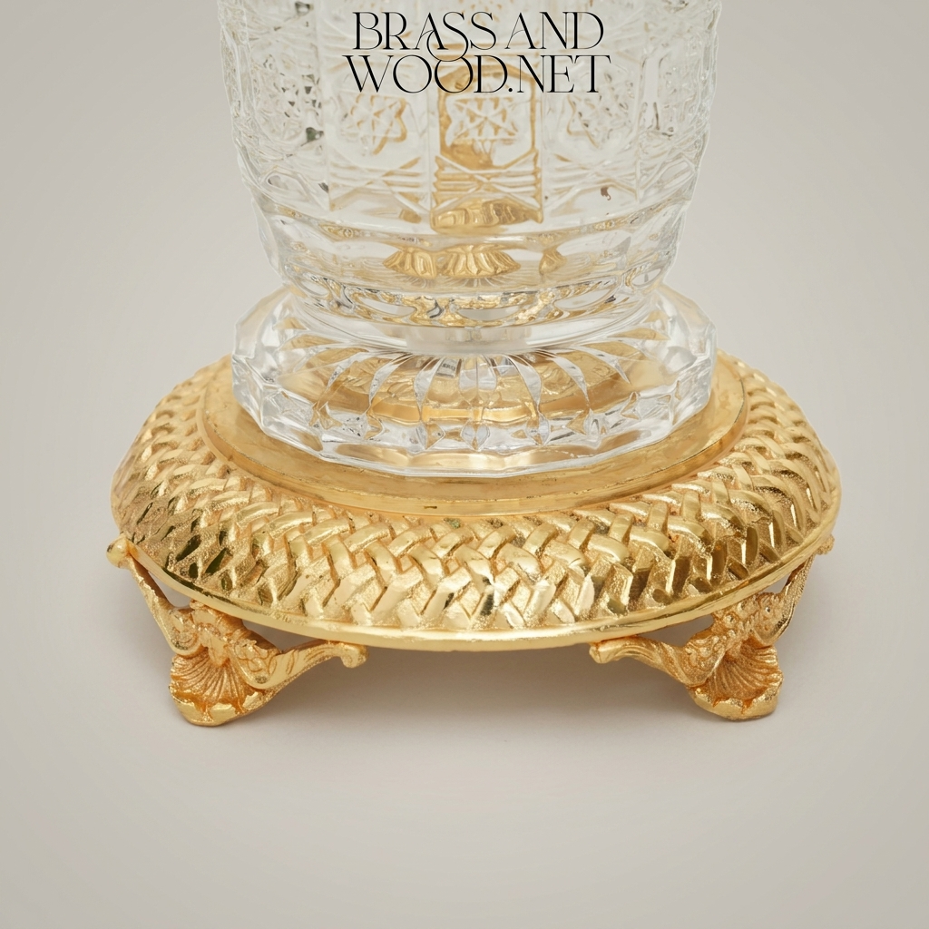 Rococo Cut-Crystal Trumpet Vase with Floral Brass Garland & Lattice Base — Gold