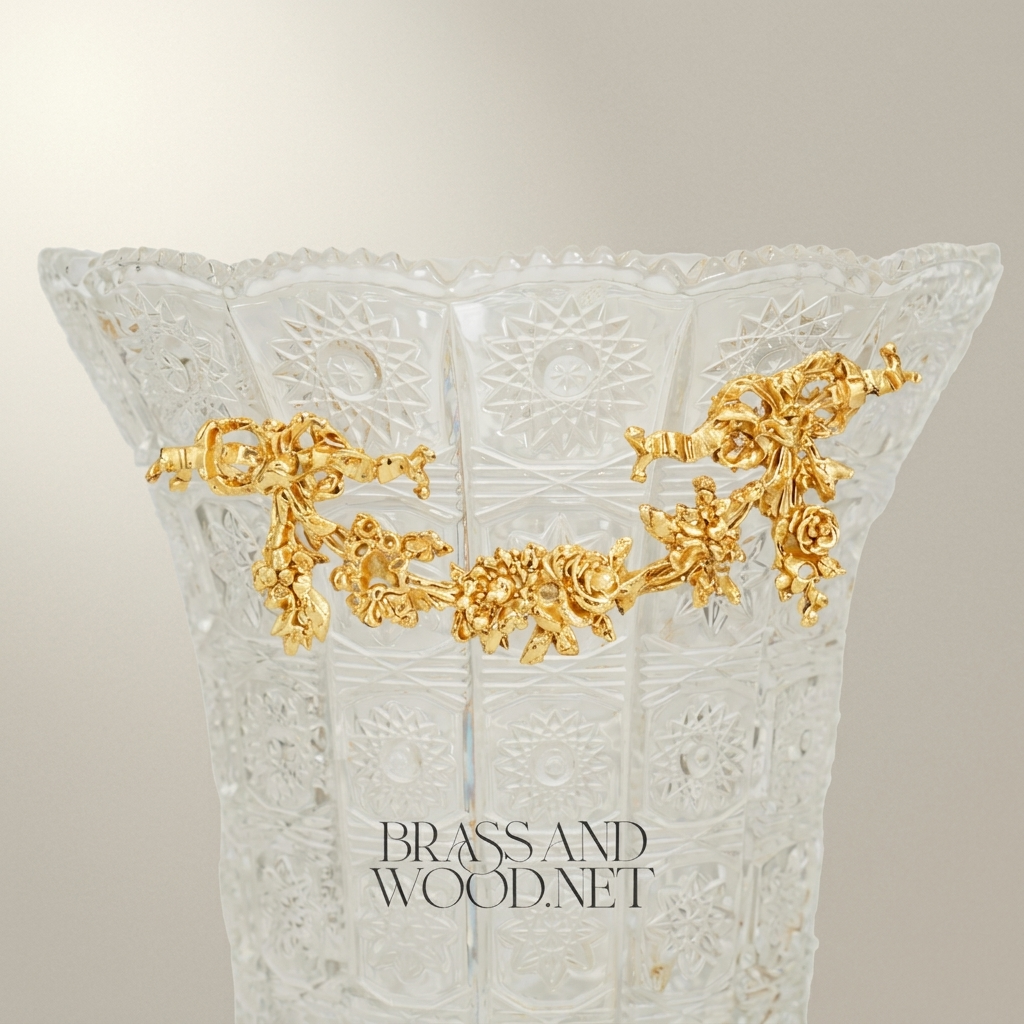 Rococo Cut-Crystal Trumpet Vase with Floral Brass Garland & Lattice Base — Gold