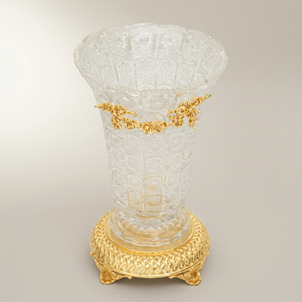 Rococo Cut-Crystal Trumpet Vase with Floral Brass Garland & Lattice Base — Gold