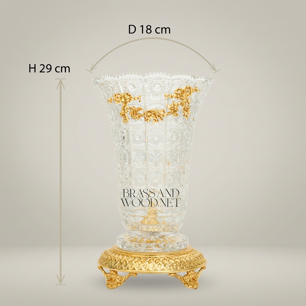 Rococo Cut-Crystal Trumpet Vase with Floral Brass Garland & Lattice Base — Gold