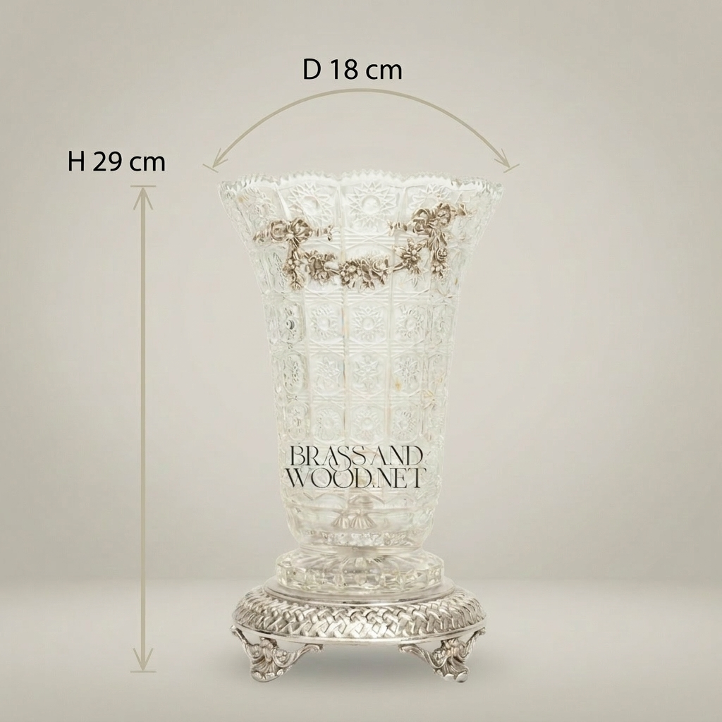 Rococo Cut-Crystal Trumpet Vase with Floral Brass Garland & Lattice Base — Silver