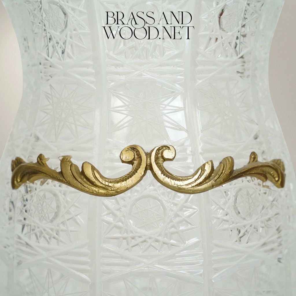 Rococo Cut-Crystal Vase with Ornate Brass Band & Pierced Base — Gold