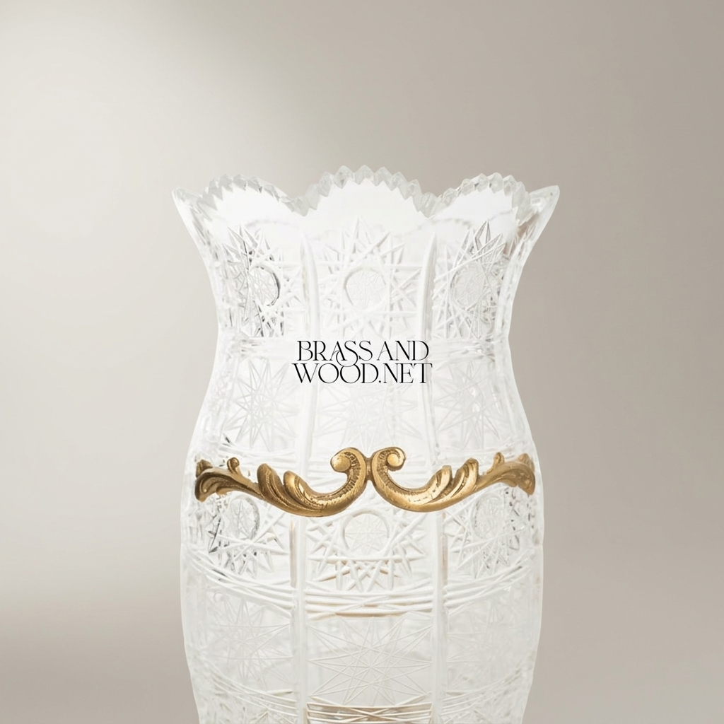 Rococo Cut-Crystal Vase with Ornate Brass Band & Pierced Base — Antique Gold