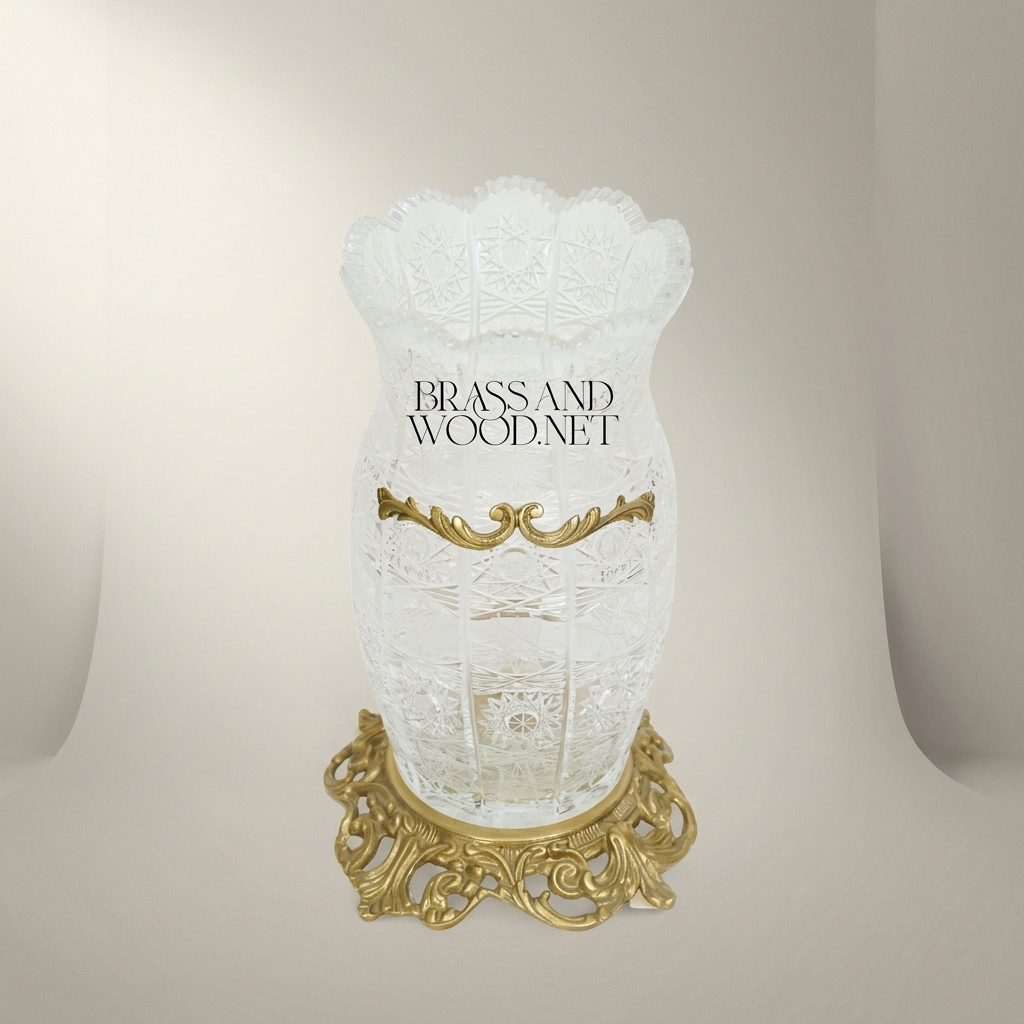 Rococo Cut-Crystal Vase with Ornate Brass Band & Pierced Base — Gold