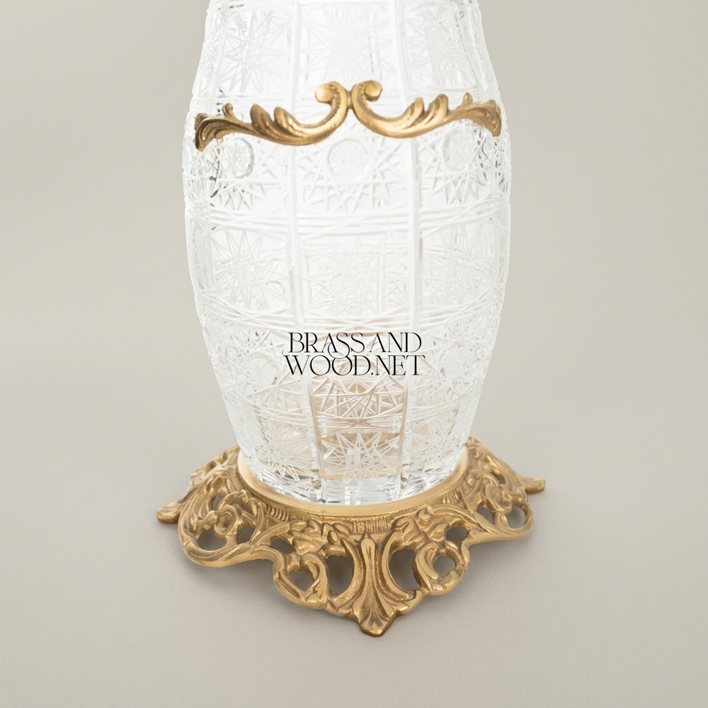 Rococo Cut-Crystal Vase with Ornate Brass Band & Pierced Base — Antique Gold