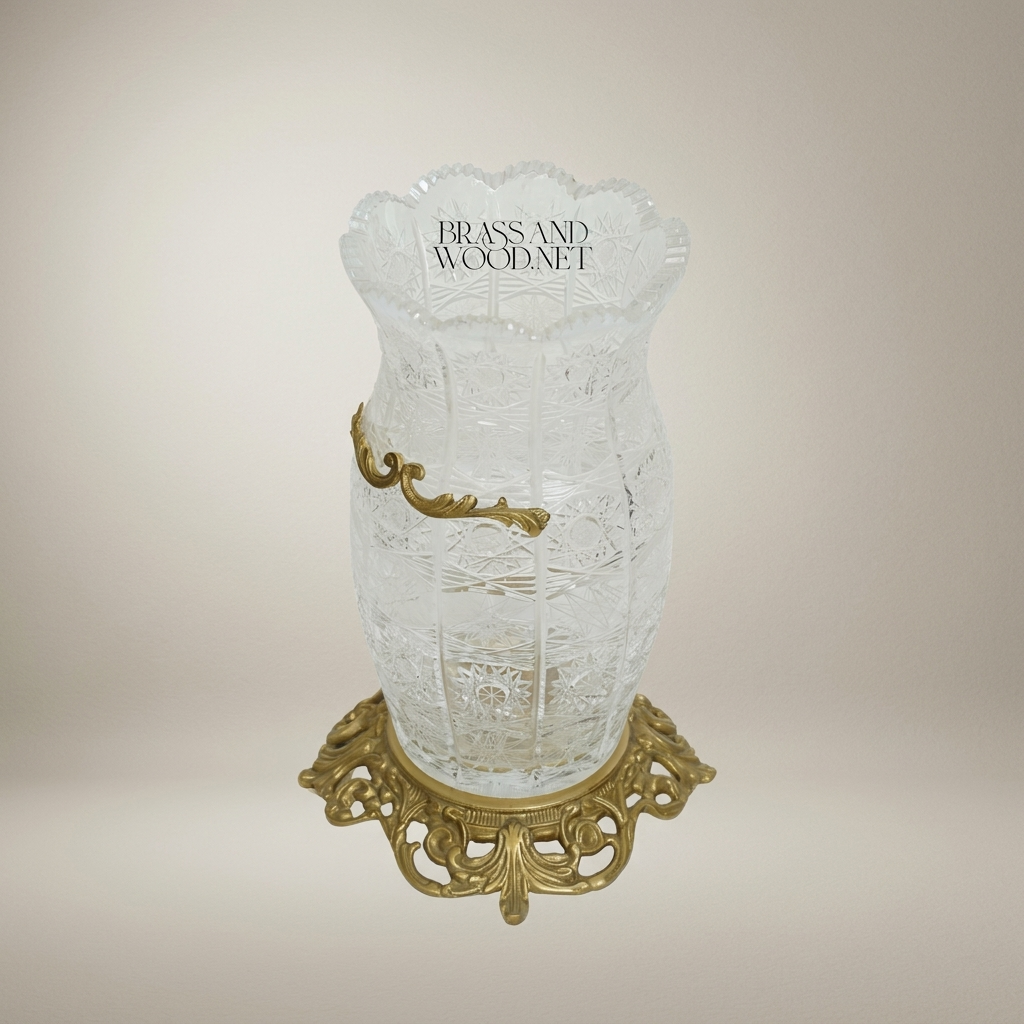 Rococo Cut-Crystal Vase with Ornate Brass Band & Pierced Base