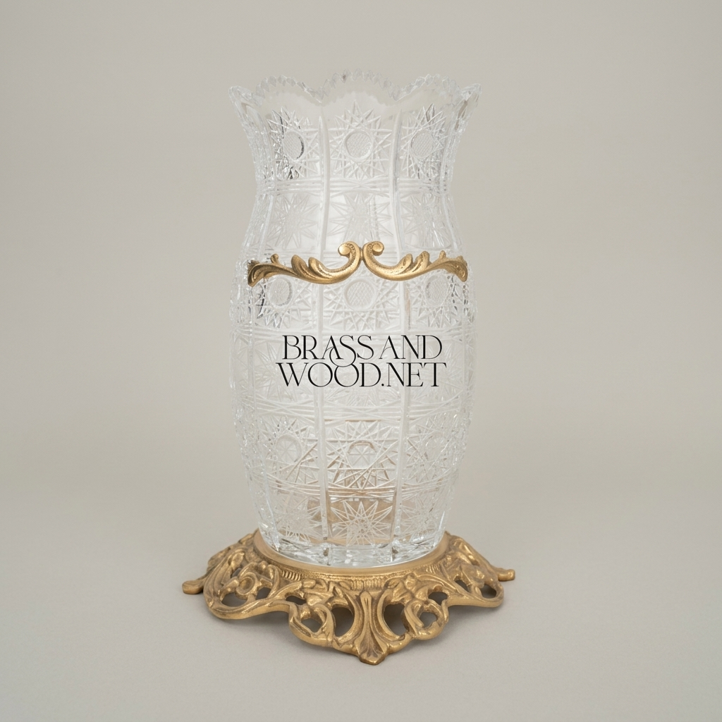 Rococo Cut-Crystal Vase with Ornate Brass Band & Pierced Base — Antique Gold