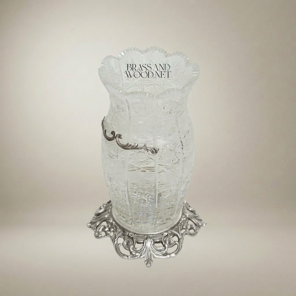 Rococo Cut-Crystal Vase with Ornate Brass Band & Pierced Base — Silver