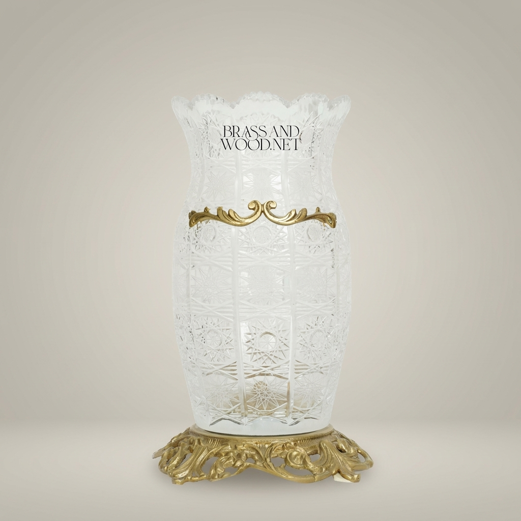 Rococo Cut-Crystal Vase with Ornate Brass Band & Pierced Base — Gold