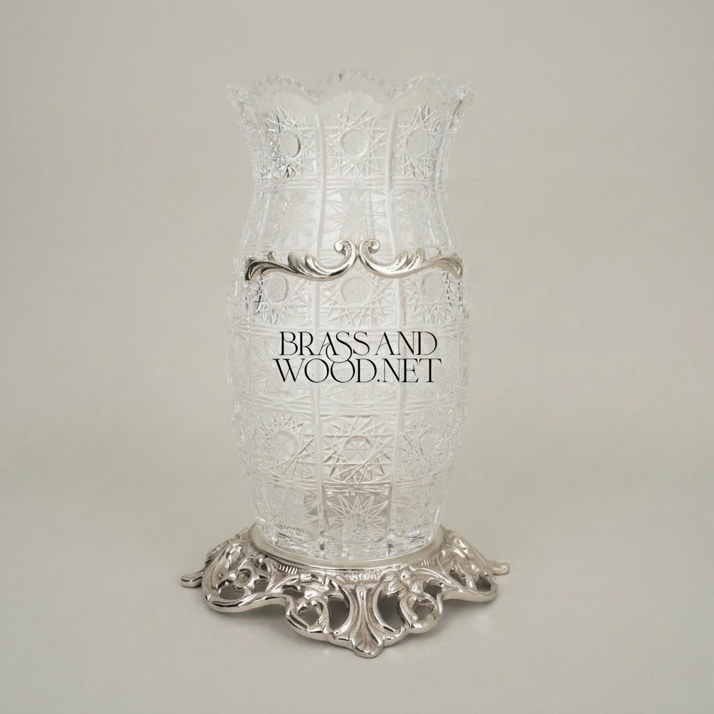 Rococo Cut-Crystal Vase with Ornate Brass Band & Pierced Base — Silver
