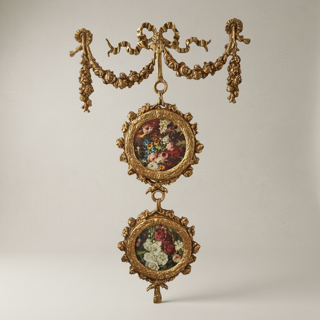 Rococo Double Medallion Hanging Wall Décor with Floral Prints & Bow Garland