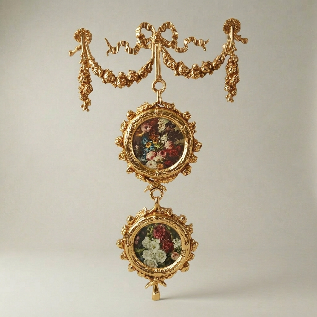 Rococo Double Medallion Hanging Wall Décor with Floral Prints & Bow Garland — Gold