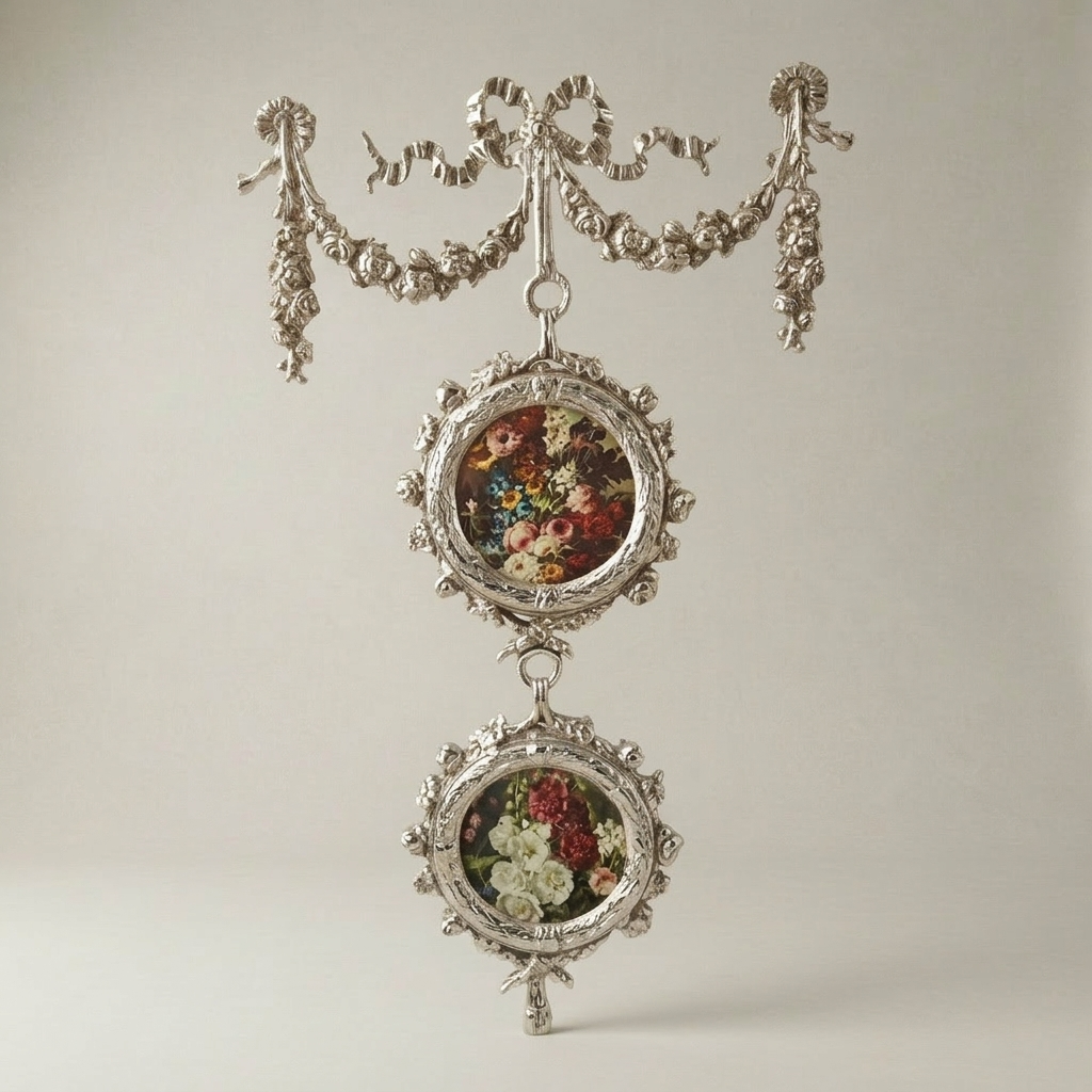 Rococo Double Medallion Hanging Wall Décor with Floral Prints & Bow Garland — Silver