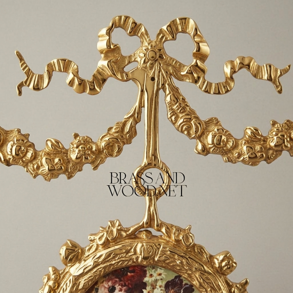 Rococo Double Medallion Hanging Wall Décor with Floral Prints & Bow Garland — Gold