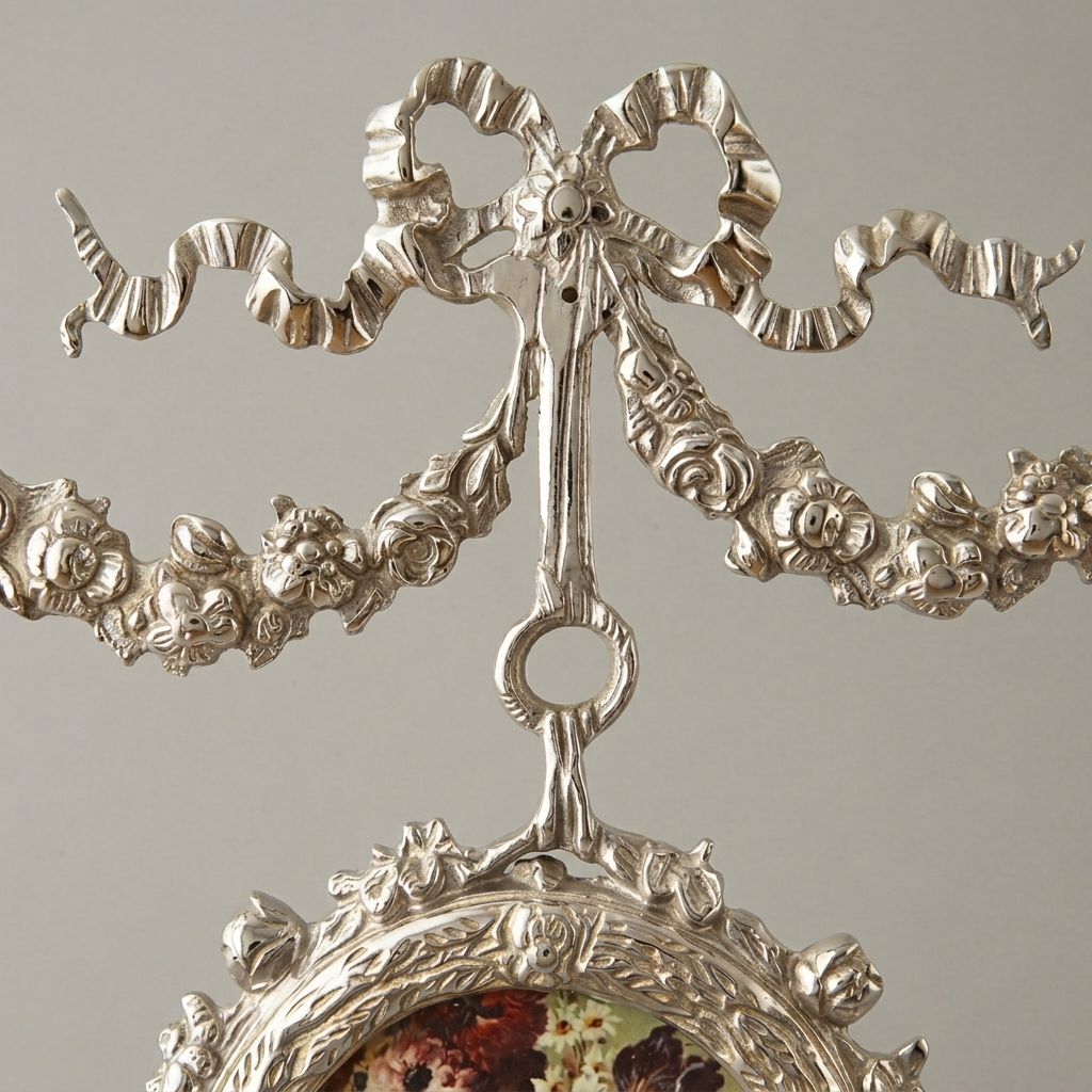 Rococo Double Medallion Hanging Wall Décor with Floral Prints & Bow Garland — Silver