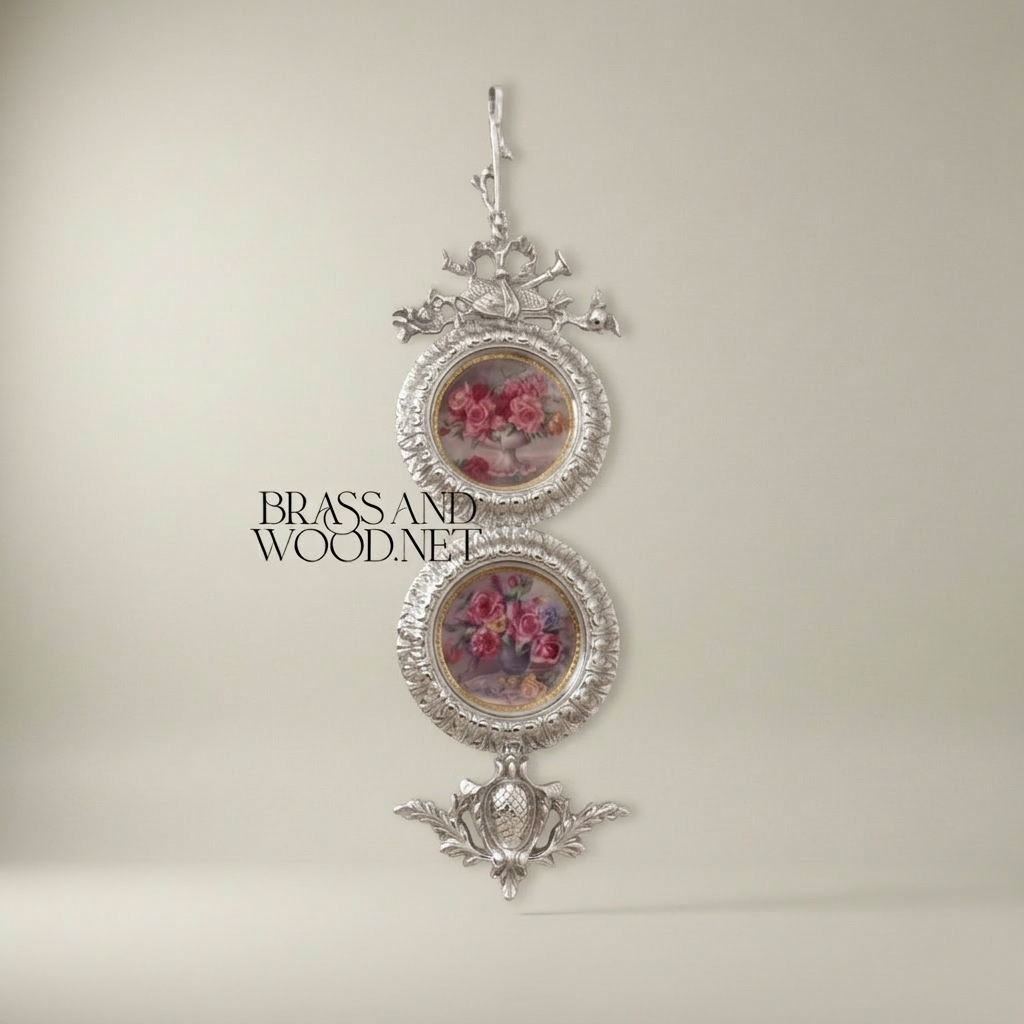 Rococo Double Round Wall Plate Set with Pineapple & Floral Crown Finials — Silver