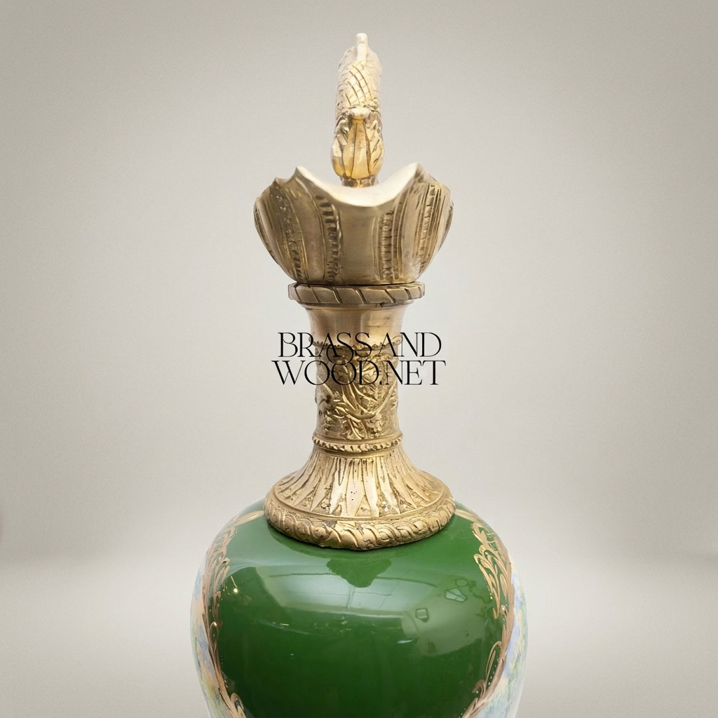 Rococo Hand-Cast Brass Ewer Vase with Dragon Handle & Hand-Painted Green Ceramic Body — Antique Gold