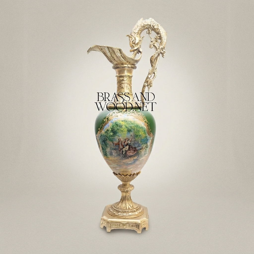 Rococo Hand-Cast Brass Ewer Vase with Dragon Handle & Hand-Painted Green Ceramic Body — Antique Gold