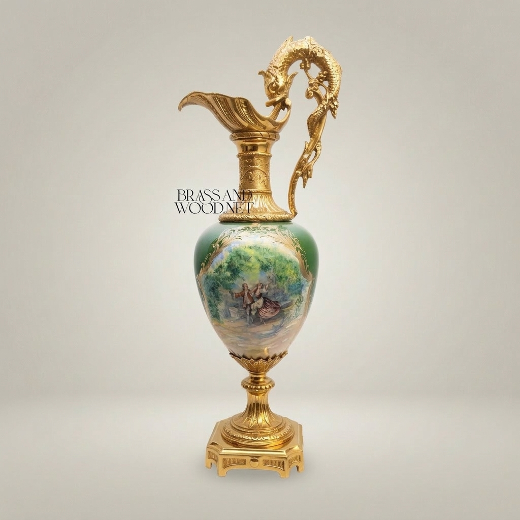 Rococo Hand-Cast Brass Ewer Vase with Dragon Handle & Hand-Painted Green Ceramic Body — Gold