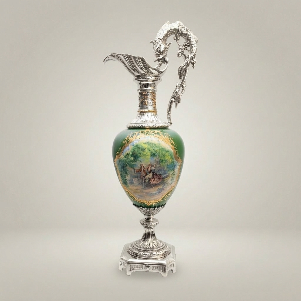 Rococo Hand-Cast Brass Ewer Vase with Dragon Handle & Hand-Painted Green Ceramic Body — Silver